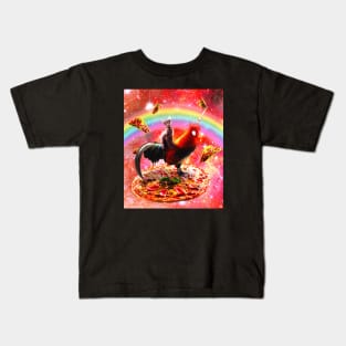 Cat Riding Unicorn Rooster on Pizza Kids T-Shirt